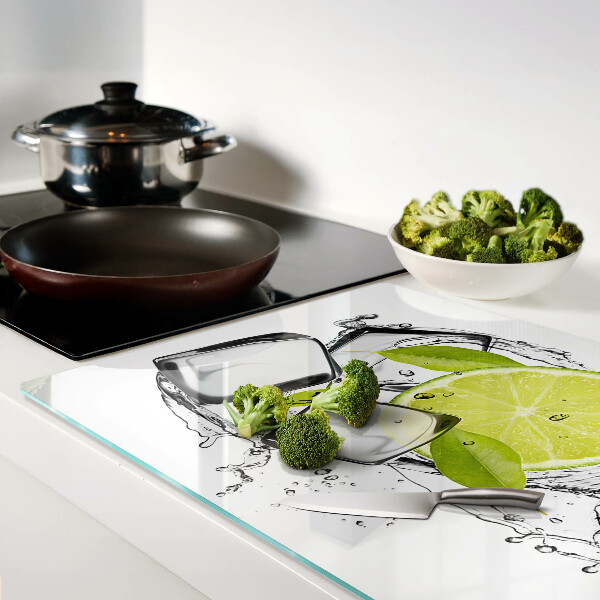 Tagliere in vetro temperato Limone con ghiaccio e foglie