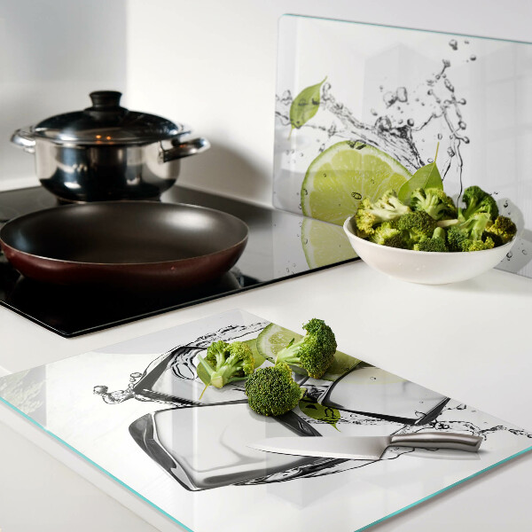 Tagliere in vetro temperato con decorazione a limone, ghiaccio e foglie