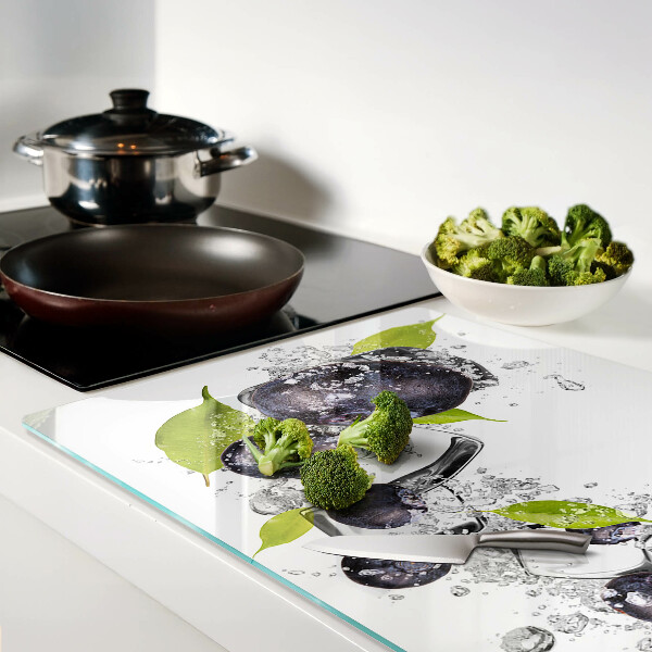 Tagliere in vetro temperato con motivo di prugne in acqua e foglie