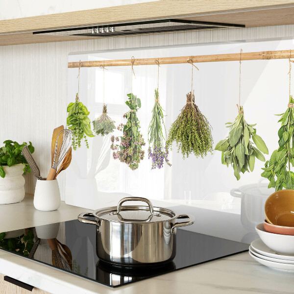 Tagliere in vetro temperato con stampa di erbe essiccate legate con spago