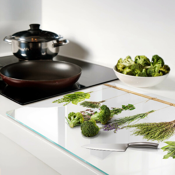 Tagliere in vetro temperato con stampa di erbe essiccate legate con spago