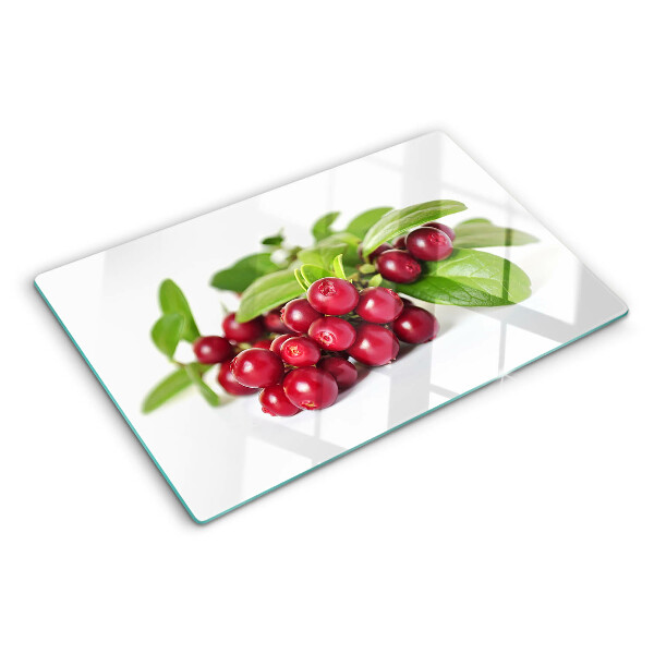 Tagliere in vetro con motivo di mirtilli rossi e foglie