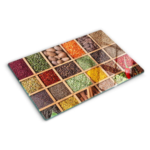 Tagliere in vetro temperato con stampa a tema spezie e barattoli