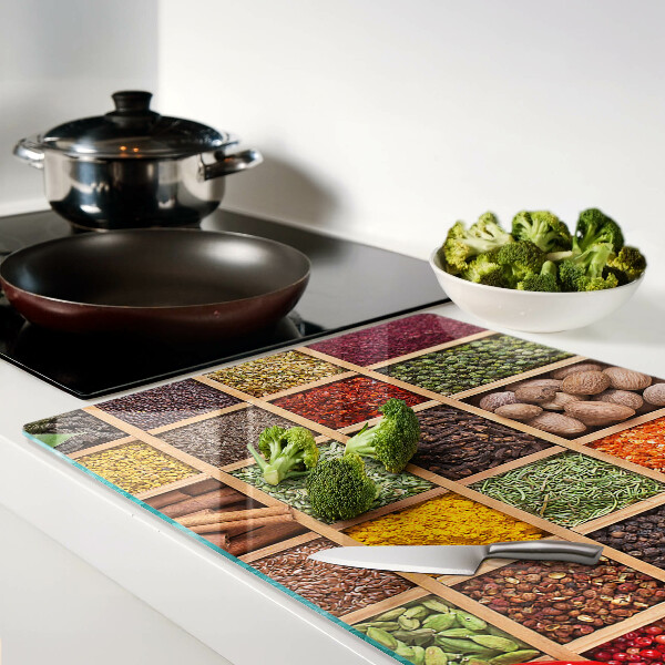 Tagliere in vetro temperato con stampa a tema spezie e barattoli