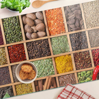 Tagliere in vetro temperato con stampa a tema spezie e barattoli