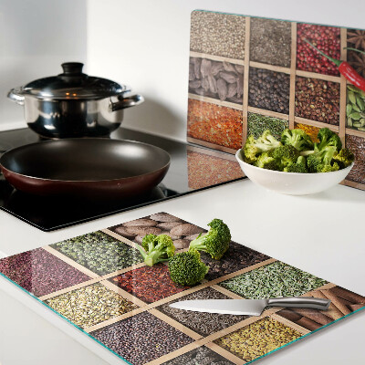 Tagliere in vetro temperato con stampa a tema spezie e barattoli