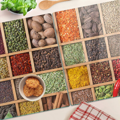 Tagliere in vetro temperato con stampa a tema spezie e barattoli