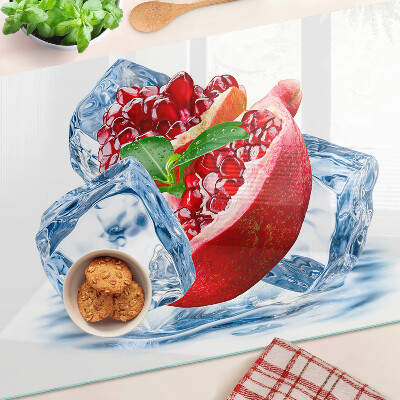 Tagliere in vetro temperato con motivo melograno su sfondo ghiacciato