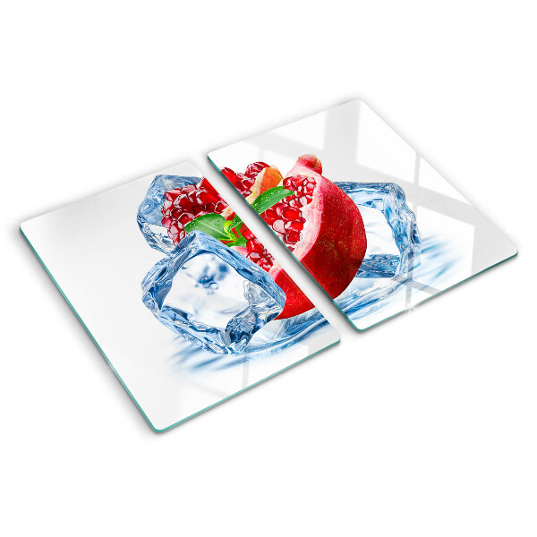 Tagliere in vetro temperato con motivo melograno su sfondo ghiacciato