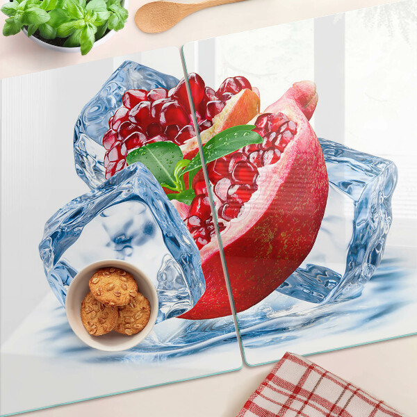 Tagliere in vetro temperato con motivo melograno su sfondo ghiacciato