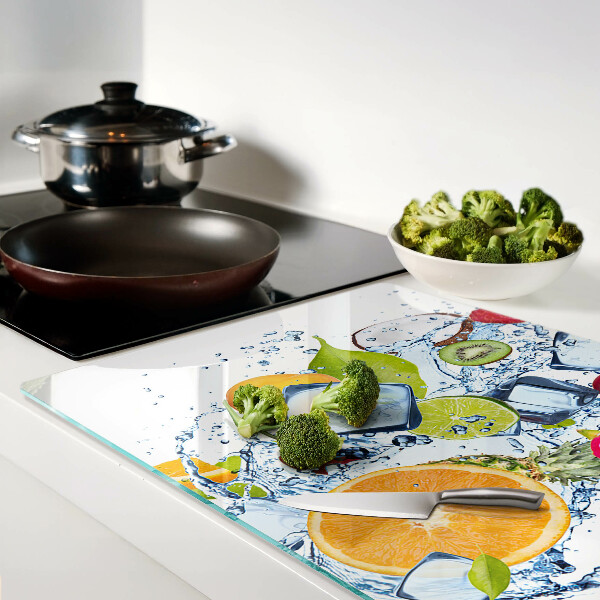 Tagliere in vetro temperato con motivo a frutta e adatto al contatto con il ghiaccio