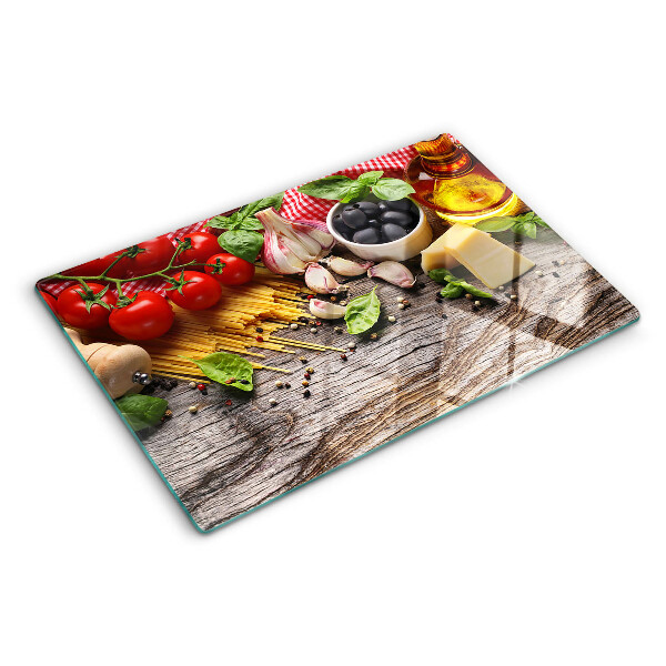 Tagliere in vetro temperato con decorazione a tema cucina italiana raffigurante pasta e verdure