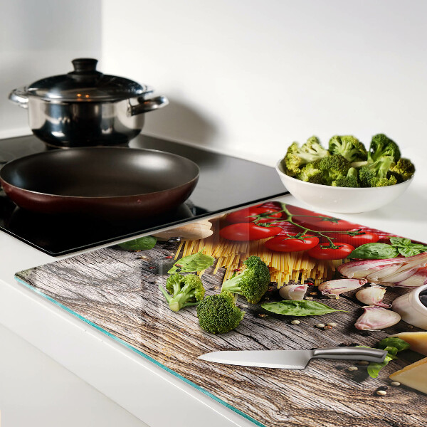 Tagliere in vetro temperato con decorazione a tema cucina italiana raffigurante pasta e verdure