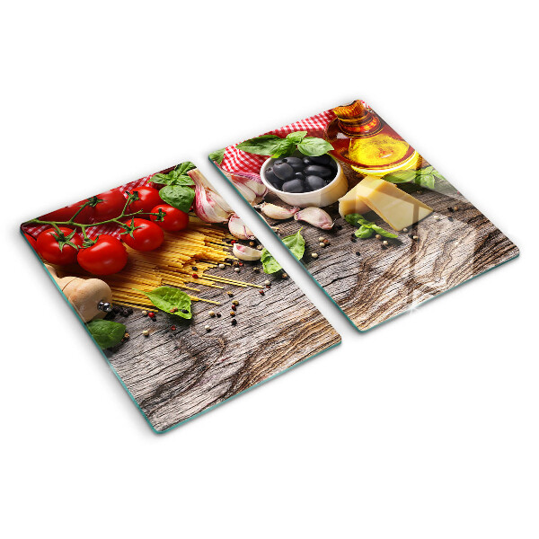 Tagliere in vetro temperato con decorazione a tema cucina italiana raffigurante pasta e verdure