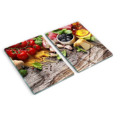 Tagliere in vetro temperato con decorazione a tema cucina italiana raffigurante pasta e verdure