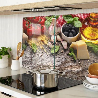 Tagliere in vetro temperato con decorazione a tema cucina italiana raffigurante pasta e verdure