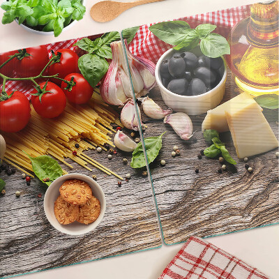 Tagliere in vetro temperato con decorazione a tema cucina italiana raffigurante pasta e verdure