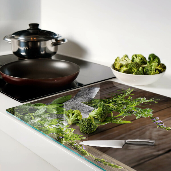 Tagliere in vetro con motivo di erbe in vaso