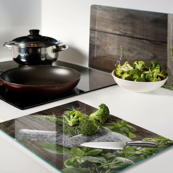 Tagliere in vetro con motivo di erbe in vaso