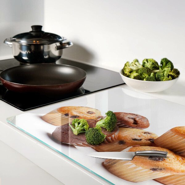 Tagliere in vetro temperato con decoro a muffin al cioccolato e vaniglia