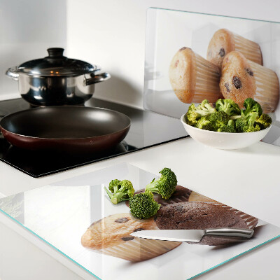 Tagliere in vetro temperato con decoro a muffin al cioccolato e vaniglia