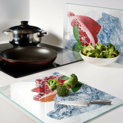 Tagliere in vetro temperato con motivo melograno e effetto ghiaccio