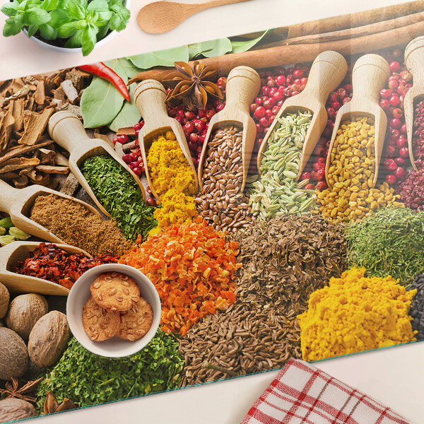 Tagliere in vetro con motivo di spezie ed erbe