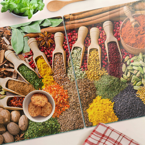 Tagliere in vetro temperato con motivi di spezie ed erbe