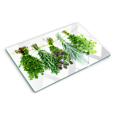 Tagliere in vetro temperato con stampa di erbe essiccate legate con spago