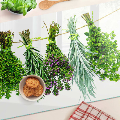 Tagliere in vetro temperato con stampa di erbe essiccate legate con spago