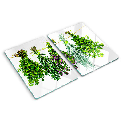Tagliere in vetro temperato con stampa di erbe essiccate legate con spago