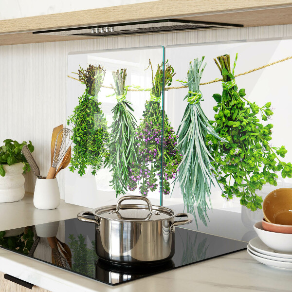 Tagliere in vetro temperato con stampa di erbe essiccate legate con spago