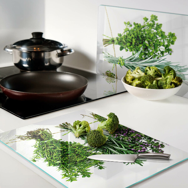 Tagliere in vetro temperato con stampa di erbe essiccate legate con spago