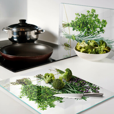 Tagliere in vetro temperato con stampa di erbe essiccate legate con spago