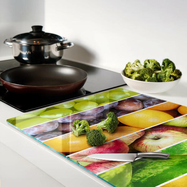 Tagliere in vetro temperato con stampa di frutta nei colori dell'arcobaleno
