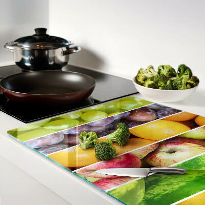 Tagliere in vetro temperato con stampa di frutta nei colori dell'arcobaleno