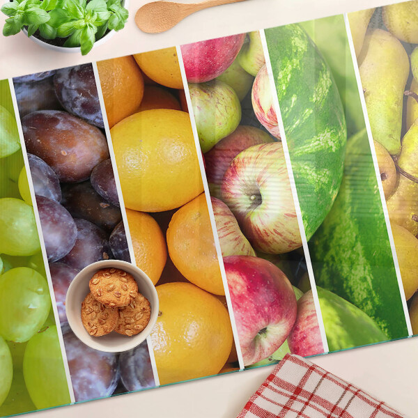 Tagliere in vetro temperato con stampa di frutta nei colori dell'arcobaleno