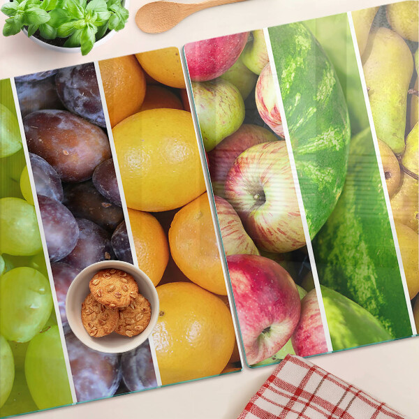 Tagliere in vetro temperato con stampa di frutta nei colori dell'arcobaleno