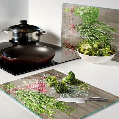 Tagliere in vetro temperato con motivo di erbe legate con spago