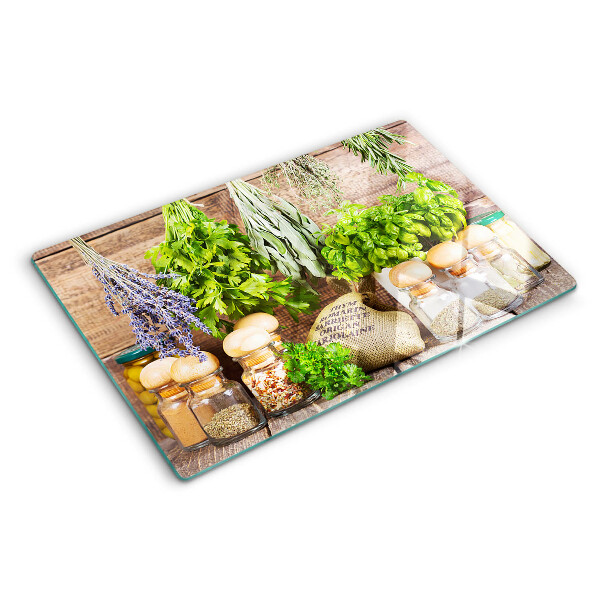 Tagliere in vetro temperato con motivo Erbe e spezie pensato per l'uso in cucina