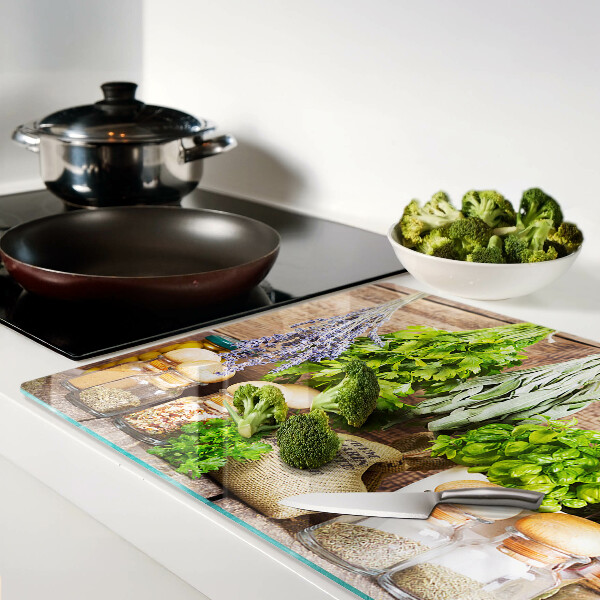 Tagliere in vetro temperato con motivo Erbe e spezie pensato per l'uso in cucina