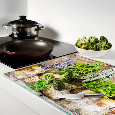 Tagliere in vetro temperato con motivo Erbe e spezie pensato per l'uso in cucina