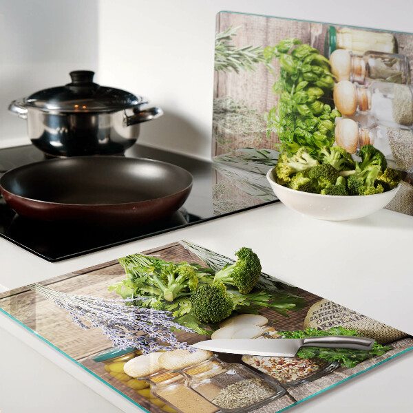 Tagliere in vetro temperato con motivo Erbe e spezie pensato per l'uso in cucina