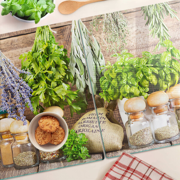 Tagliere in vetro temperato con motivo Erbe e spezie pensato per l'uso in cucina
