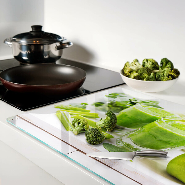 Tagliere in vetro con stampa Smoothie verde e ingredienti freschi