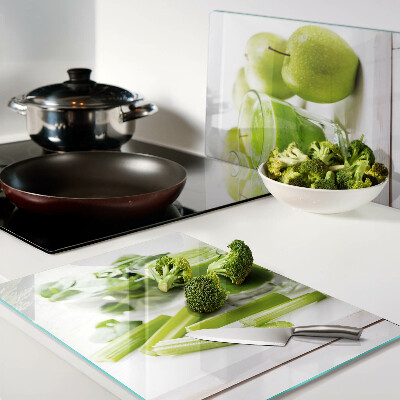 Tagliere in vetro con stampa Smoothie verde e ingredienti freschi