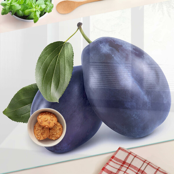 Tagliere in vetro con motivo di prugne e foglie