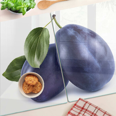 Tagliere in vetro con motivo di prugne e foglie