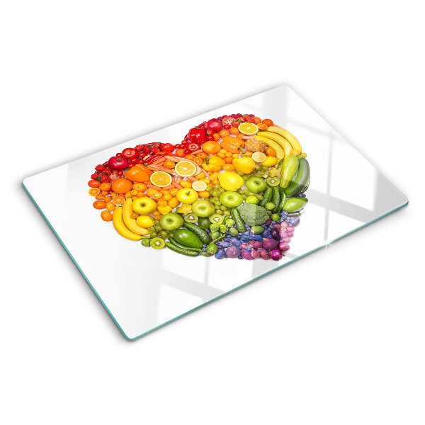 Tagliere in vetro temperato con motivo a cuore di frutta nei colori dell'arcobaleno
