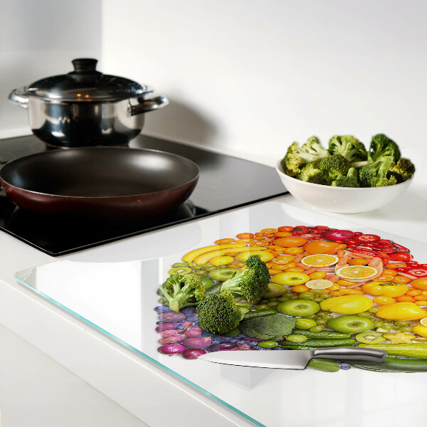 Tagliere in vetro temperato con motivo a cuore di frutta nei colori dell'arcobaleno